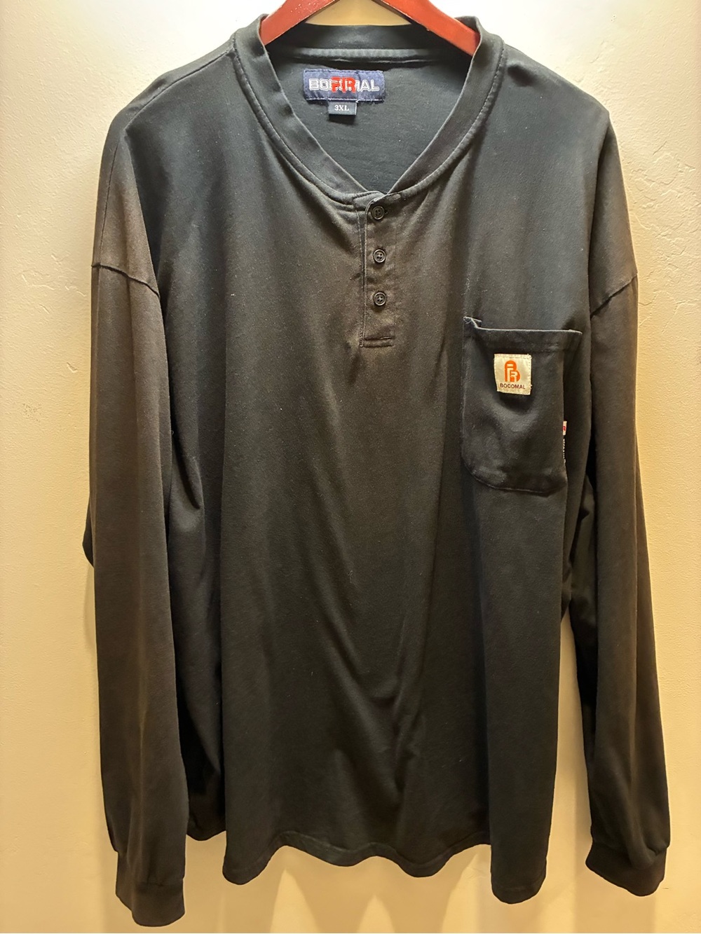 Bocomal Flame Reaistant Black Long-Sleeve Henley Pocket Shirt 3XL